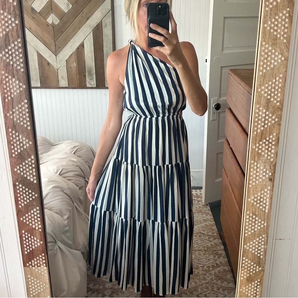Moon river one shoulder midi dress size Medium. Navy stripes.
